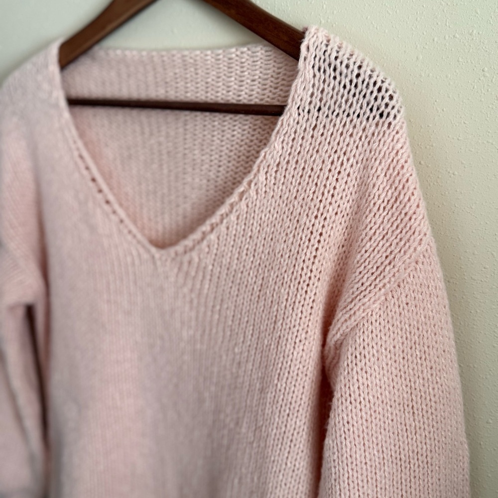 Blush Pink Chunky Knit Sweater Oversized Slouchy V Neck XL - Picture 4 of 12